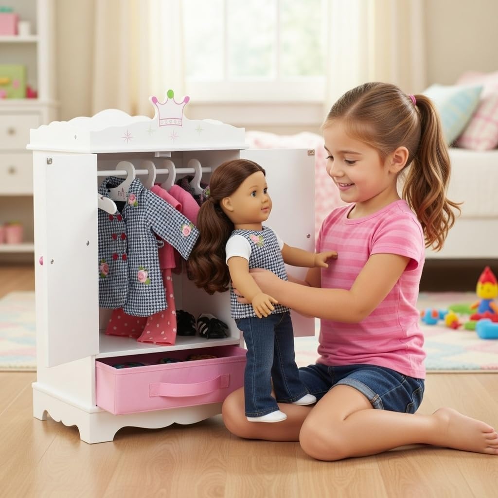 Emily Rose 18 Inch Doll Clothes Armoire Closet Wardrobe – Wish Crown Collection Wooden Storage Cabinet with Hanging Rod, 5 Hangers & Fabric Bin – Fits American Girl & Most 18” Dolls – Easy Assembly
