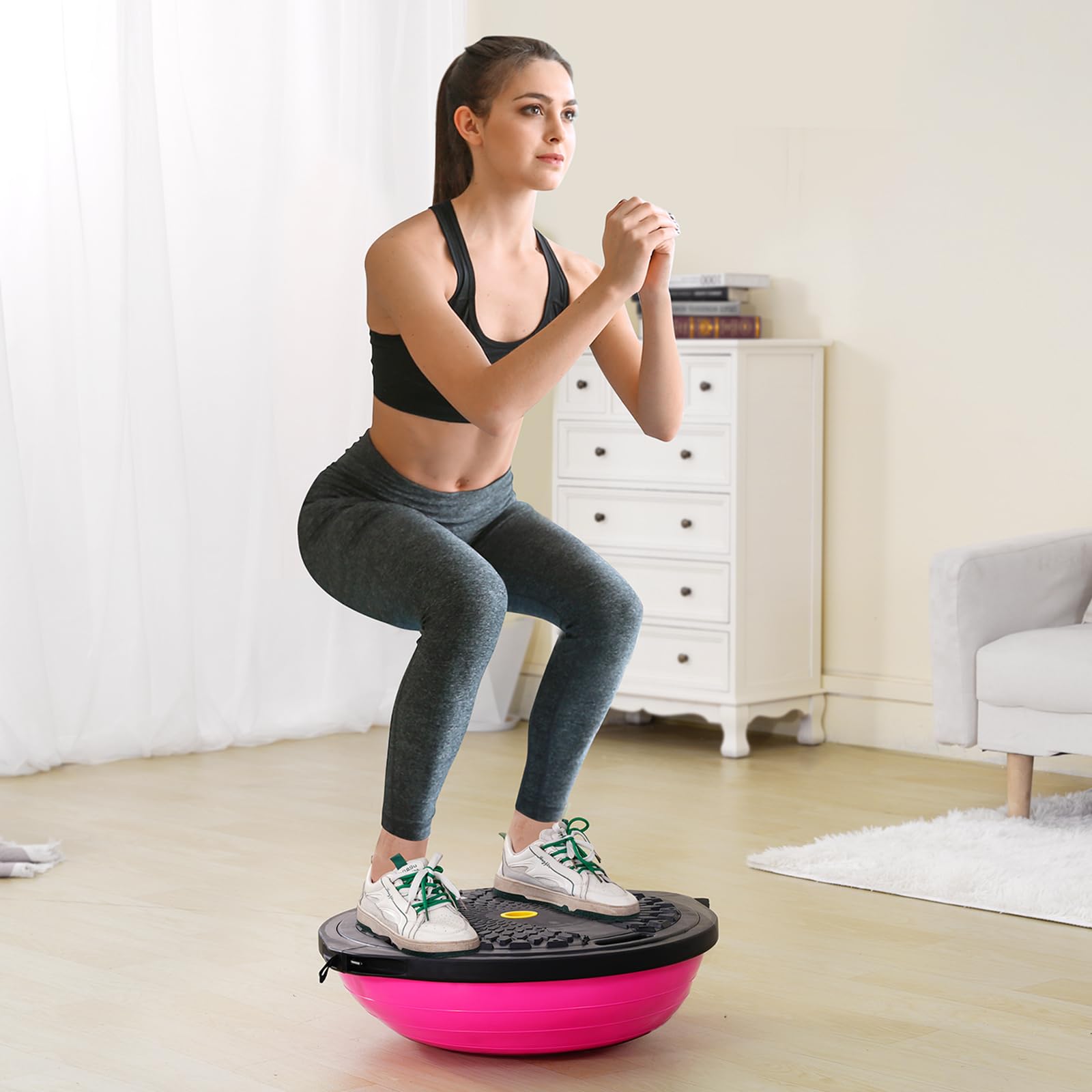 VEVOR Halb-Gymnastikball-Trainer, 66 cm Balance-Ball-Trainer, 680 kg Tragkraft Stabilitätsball, Yoga-Ball mit Widerstandsbändern & Fußpumpe, Yogaball Kraft-Fitnessball im Heim-Fitnessstudio, Rosa