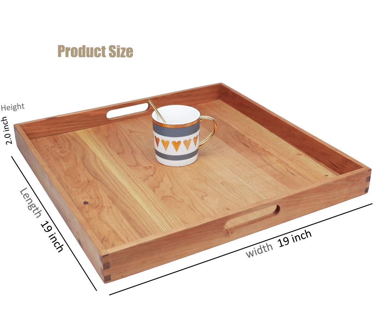 Grand plateau de service carré en bois de cerisier 48,3 x 48,3 cm avec poignées, pour servir du thé, du café