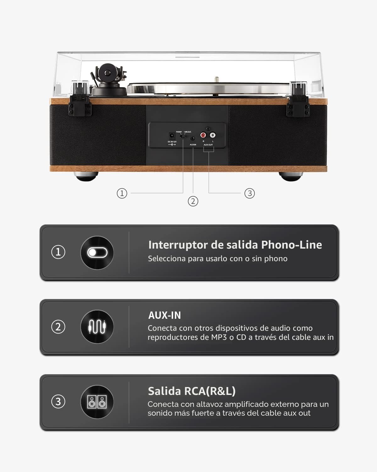 ANGELS HORN - Tocadiscos de Vinilo, Tocadiscos Bluetooth HiFi con Altavoces, Reproductor de Vinilos, Giradiscos preamplificador de Fono, 33/45 RPM y Pastillas AT-3600L
