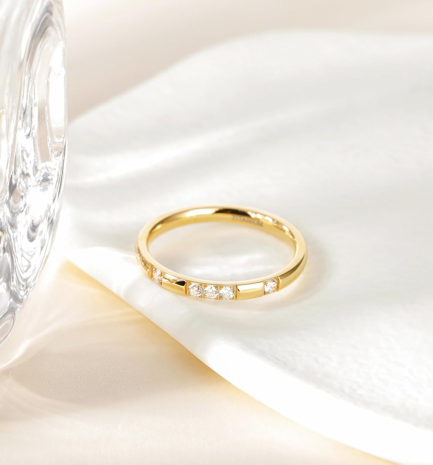 TIGRADE Women Titanium Ring Cubic Zirconia Eternity Ring for Her, 18K Gold Plated Dome High Polished Wedding Band Comfort Fit Size 4-11 - Image 2