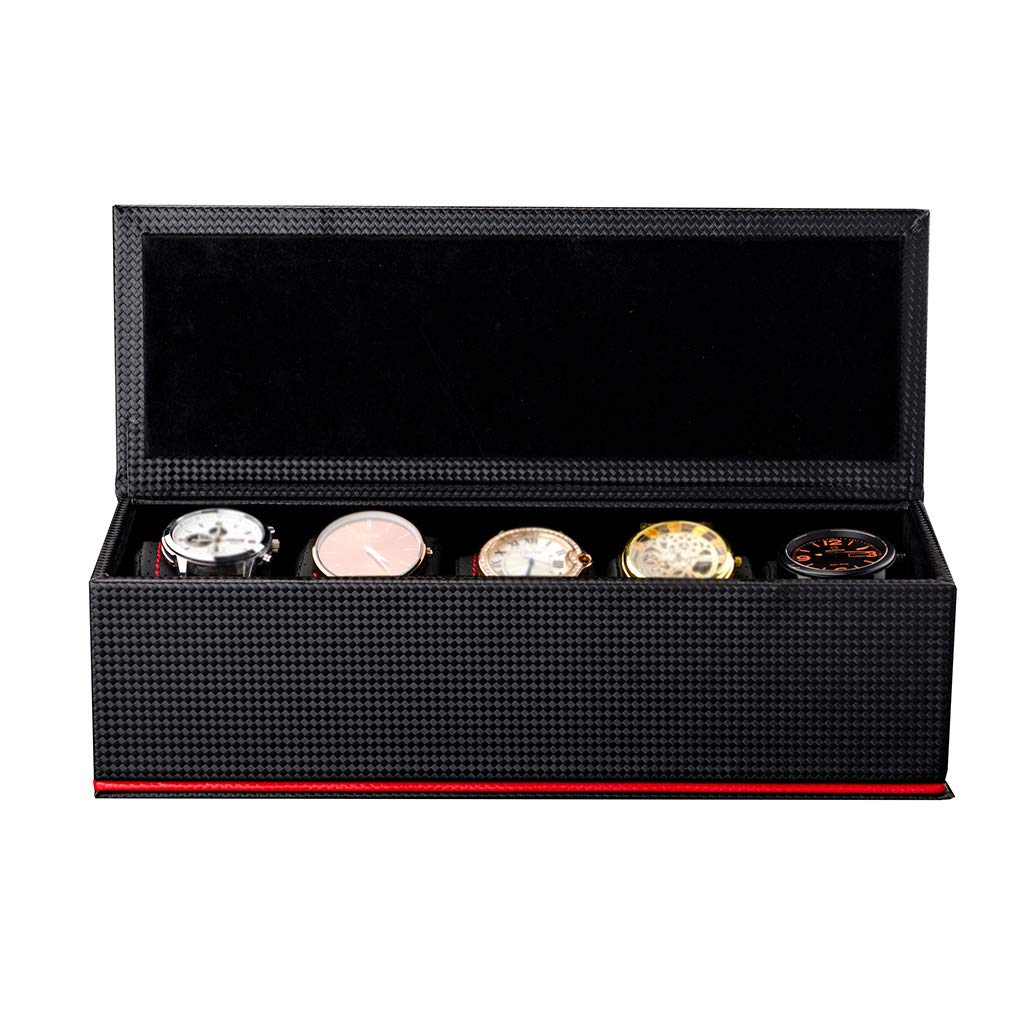 MUSUMI Caja de reloj de Fibra de carbono para Hombres y Mujeres, 5 ranuras, joyería, pulsera, caja de almacenamiento de exhibición con 5 almohadas de almacenamiento de extracción