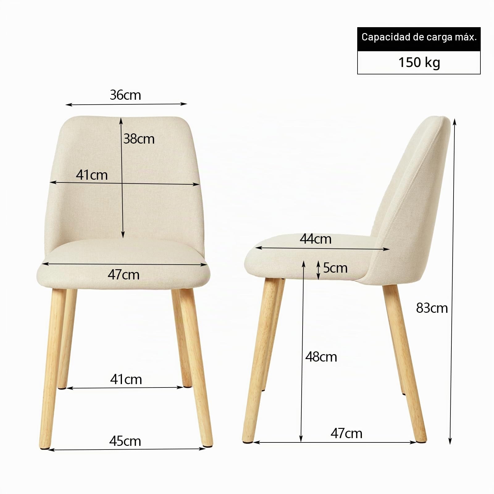 Juego de 6 sillas de Comedor con Patas de Madera y tapizadas de poliéster, para Comedor, Cocina, Oficina, Crema