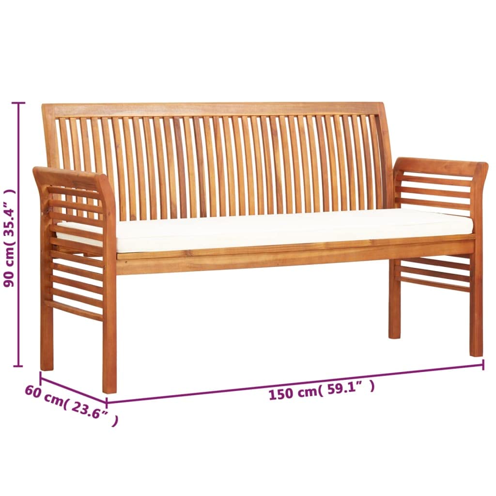 Banco de jardín de 3 plazas, 150 cm, acacia tratada al aceite, con revestimiento de color crema, resistente de madera, banco de comedor para terraza, balcón y salón