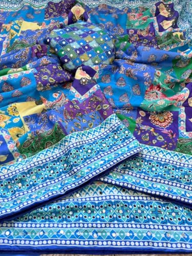 Image of Soft Pure Marshmellow Shiny Chinnon Silk Fabric Along With Designer Ajarakh Print Along With Real Mirror Work Along With Fancy Printed Blouse With Piping And Heavy Latkans