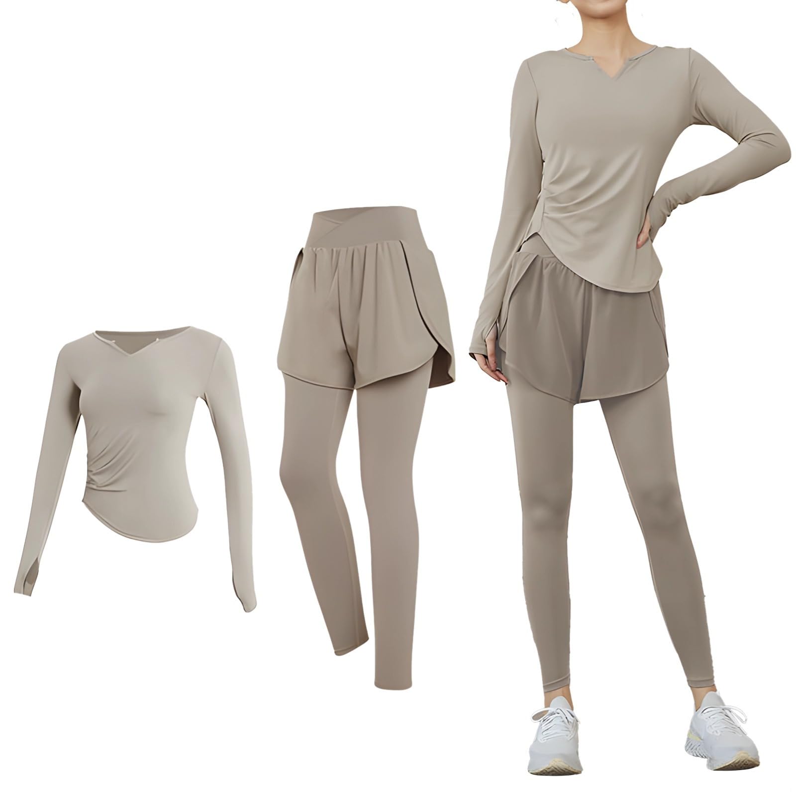 Ensemble 2 pièces Pilates noir pour femme, vêtements de sport XXL pour 135-150, haut à manches longues, short ou leggings, kaki, taille unique