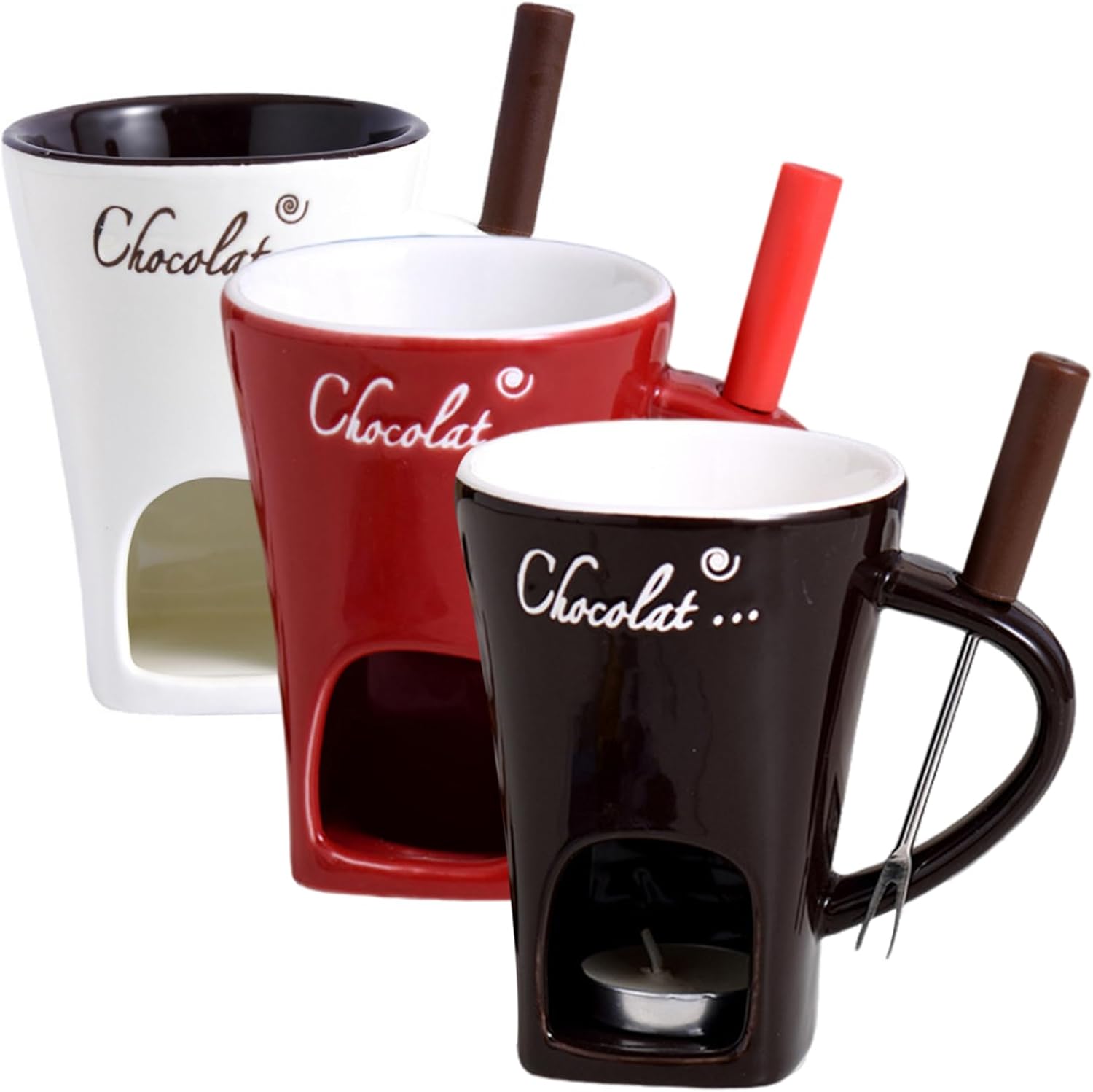 3Pcs Chocolate Fondue Mug Heat-Resistant Ceramic Chocolate Fondue with Forks Reusable Melting Cup for Date Night Birthday & Wedding Gifts