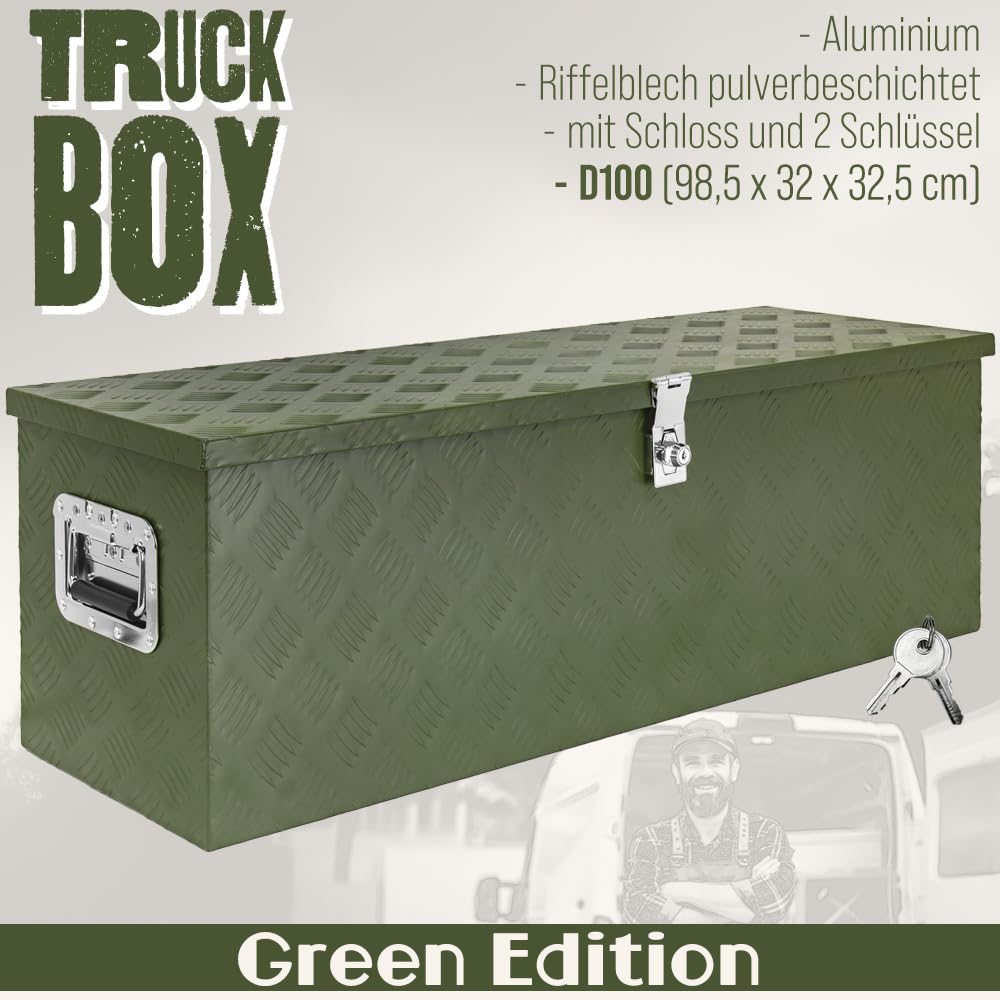Trucky Skrzynka na dyszel, zielona, skrzynka na narzędzia, skrzynka na przyczepę, zamykana, aluminiowa skrzynka transportowa, skrzynka narzędziowa, aluminiowa skrzynka do przechowywania, wersja: model