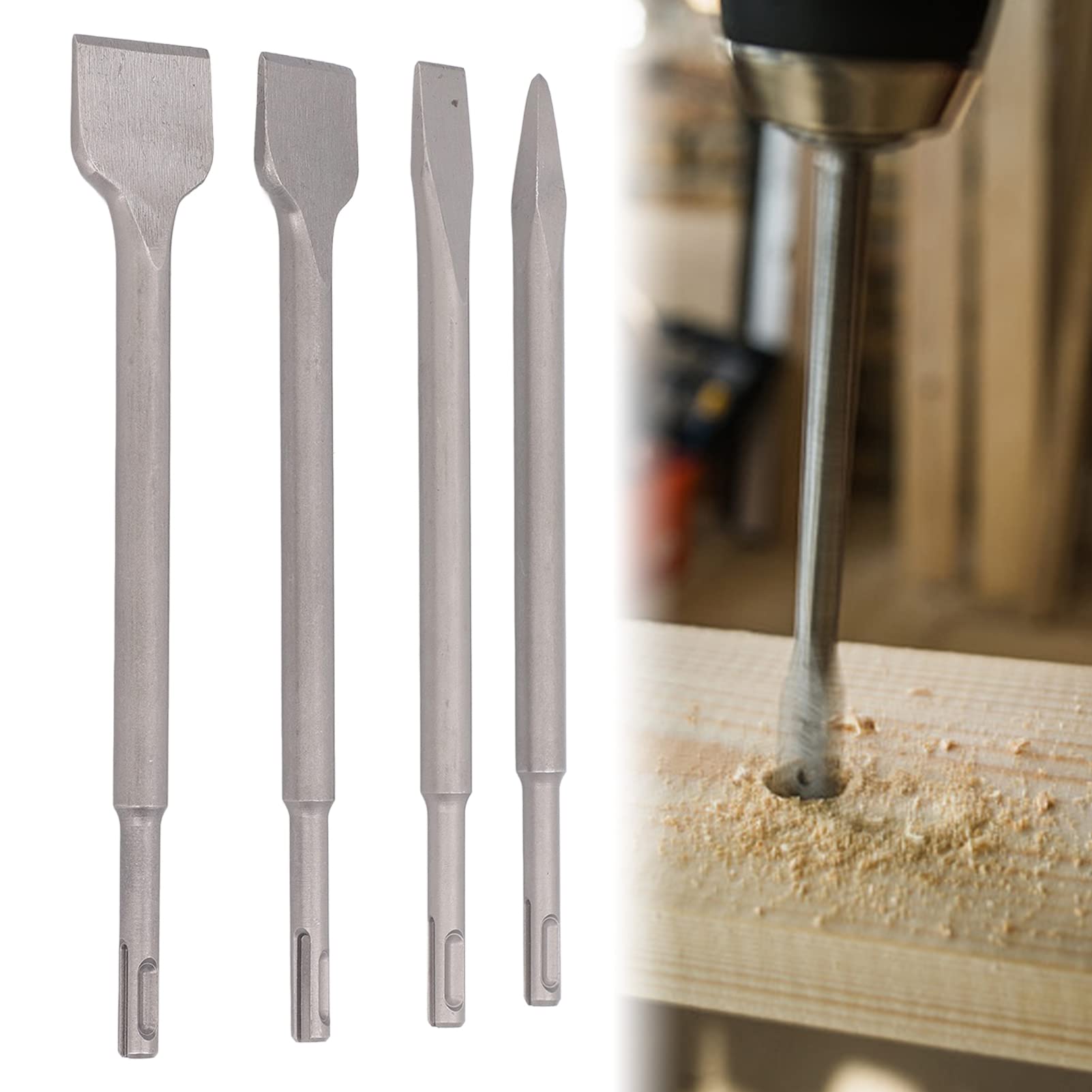 4PCS Electric Hammer Chisels, Steel Point Flat Wide Flat Construction Concrete Chisel Set for Stone Brick Wall with Round Shank, Ideal for Excavation Work