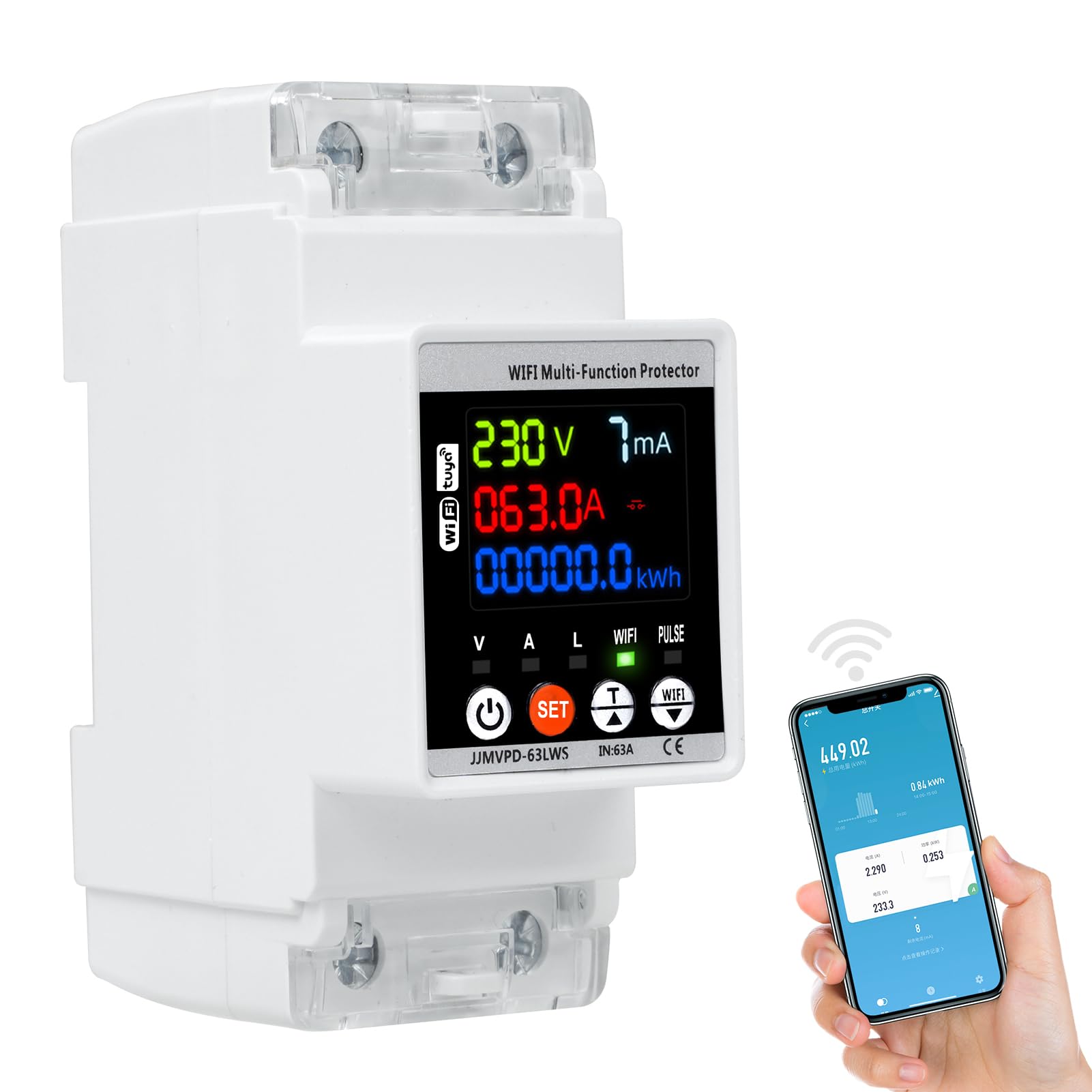 63A Wifi Medidor de Electricidad Protección automática contra sobretensiones Protección contra rayos Medidor de CA Inteligente Fuga Sobre Protección de Baja Tensión (Voltaje Amperaje Ajustable)