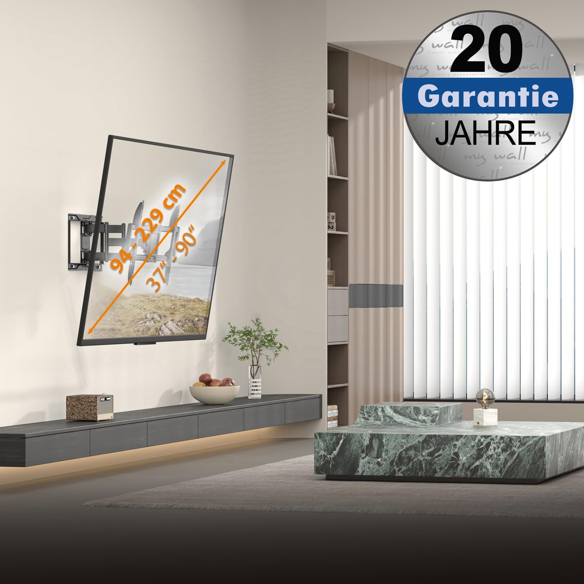 My Wall TV Support Mural orientable pour TV XXL 37-90" jusqu'à 75 kg, inclinable, Extensible de 7 à 16,6 Pouces, Prise en Main, Orientation Horizontale, Design Fin, VESA 200 x 100 à 600 x 400