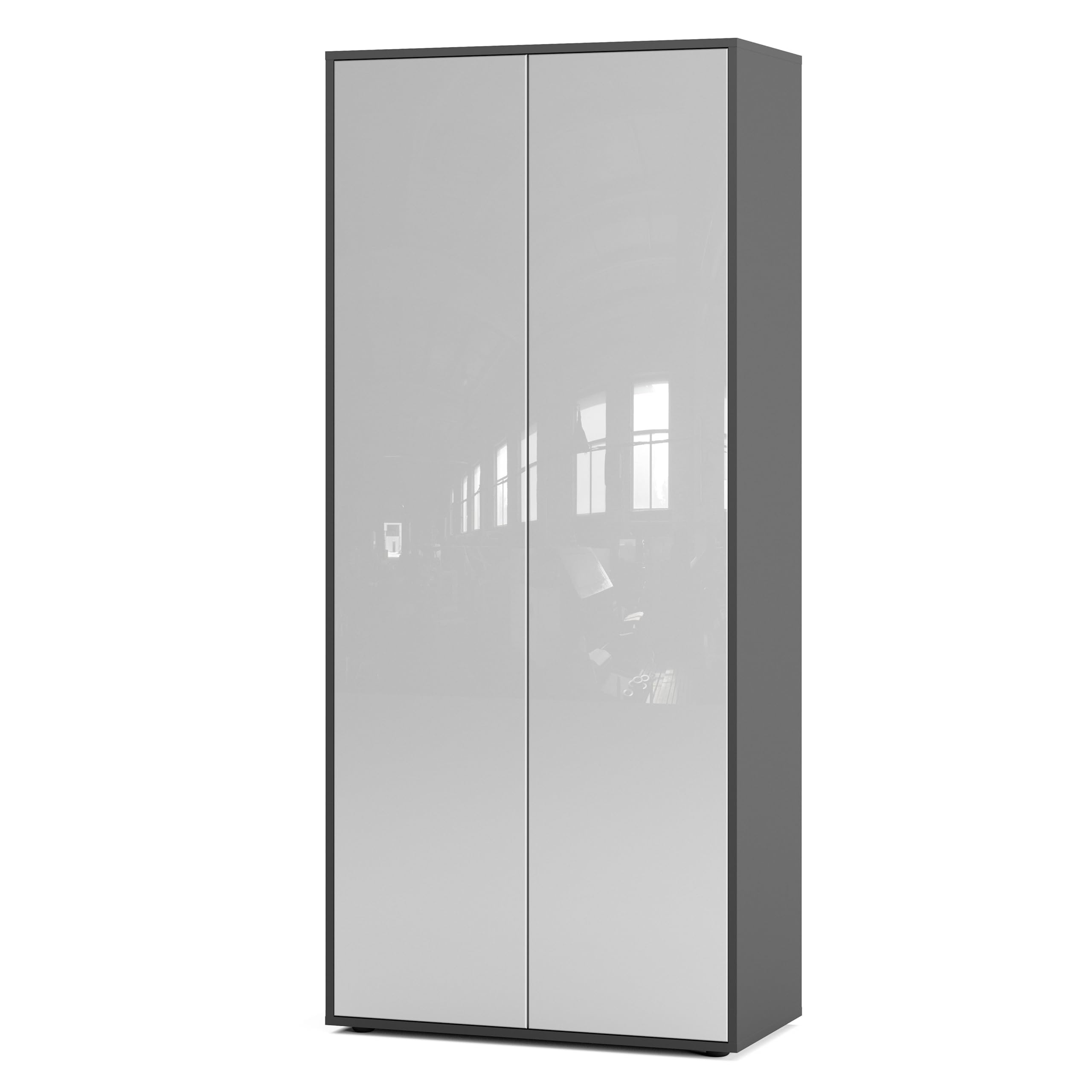 Büroschrank Amira T00, Anthrazit/Weiß Hochglanz, 180x80x40 cm | Geschlossener Schrank mit 2 großen Türen, Push-to-Open, Aktenschrank für Büro und Homeoffice