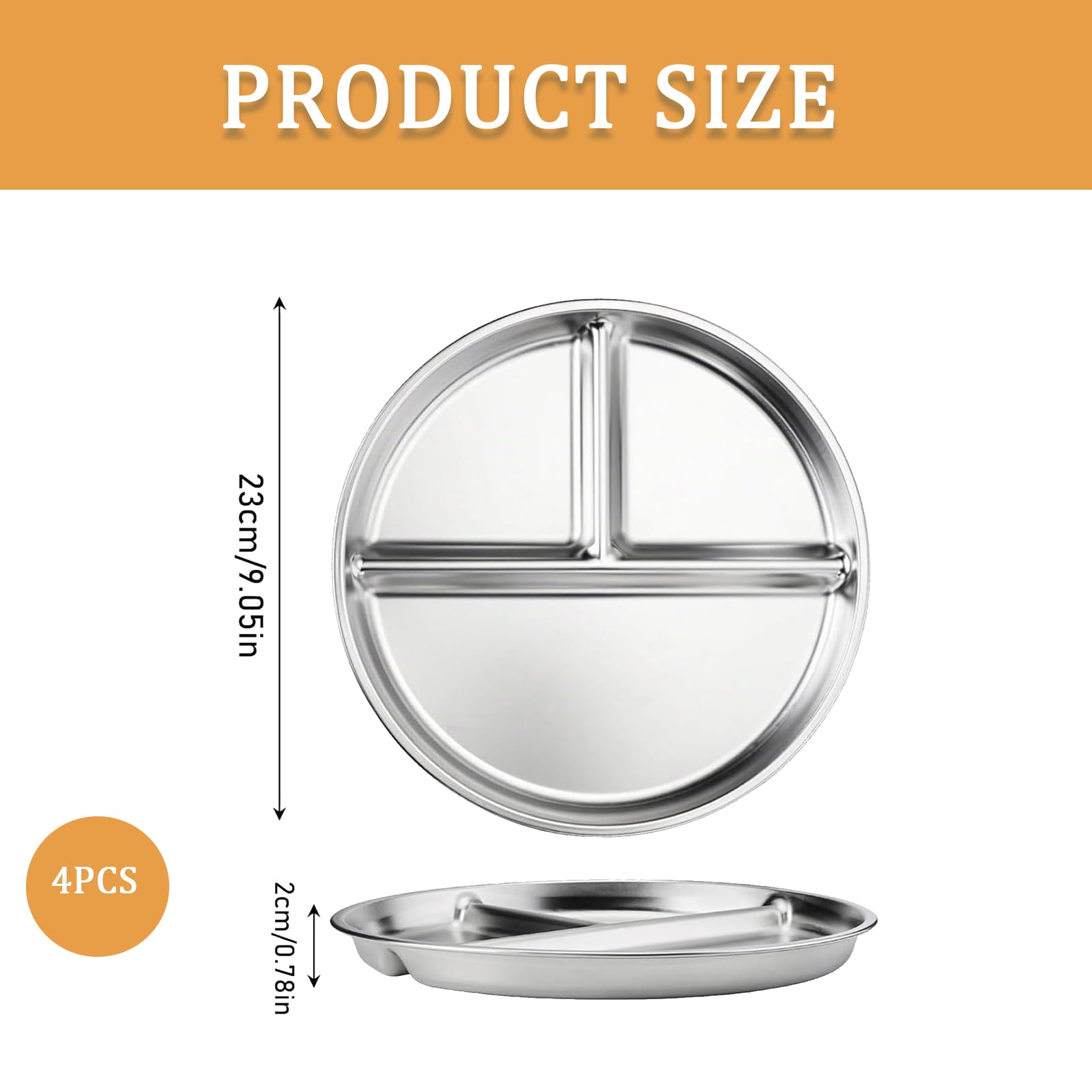 JAWAI 4 Pièce Assiette Inox, Assiettes Divisées en Acier Inoxydable 23 cm | Inox, 4 Pièces, Compartimentées, 23 cm