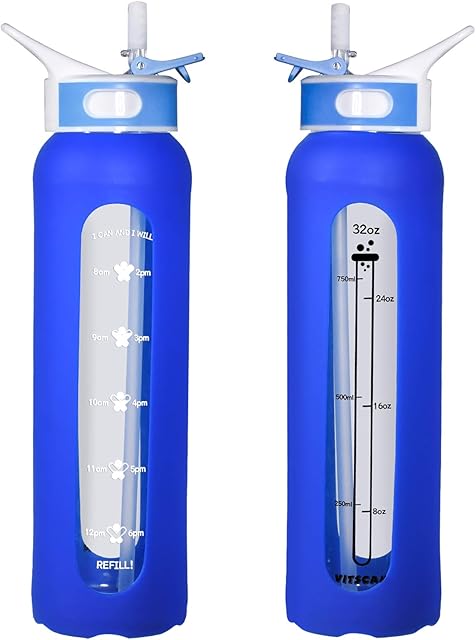 1 Liter Glass Water Bottle with Sapphire Blue Silicone Sleeve, Glass Water Bottles 32 oz with Straw Lid to Keep Drink Easily, Time Marked Hourly Motivational Glass Water Bottle for Office, Gym, School