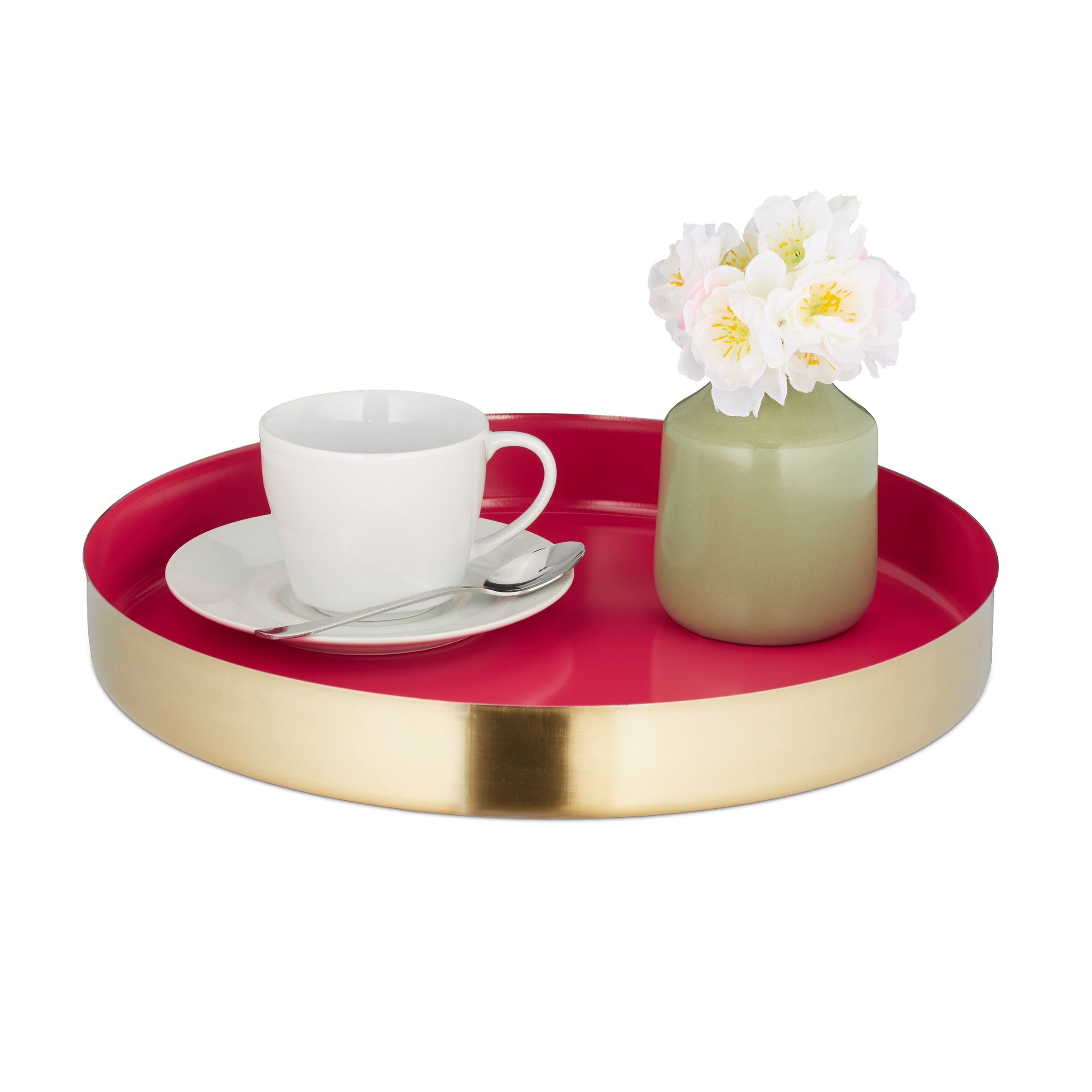 Relaxdays Plateau de Service, Design Rond, Bord surélevé, Petit-déjeuner au lit, Acier INOX, HD : 4 x 32 cm, Rouge/doré