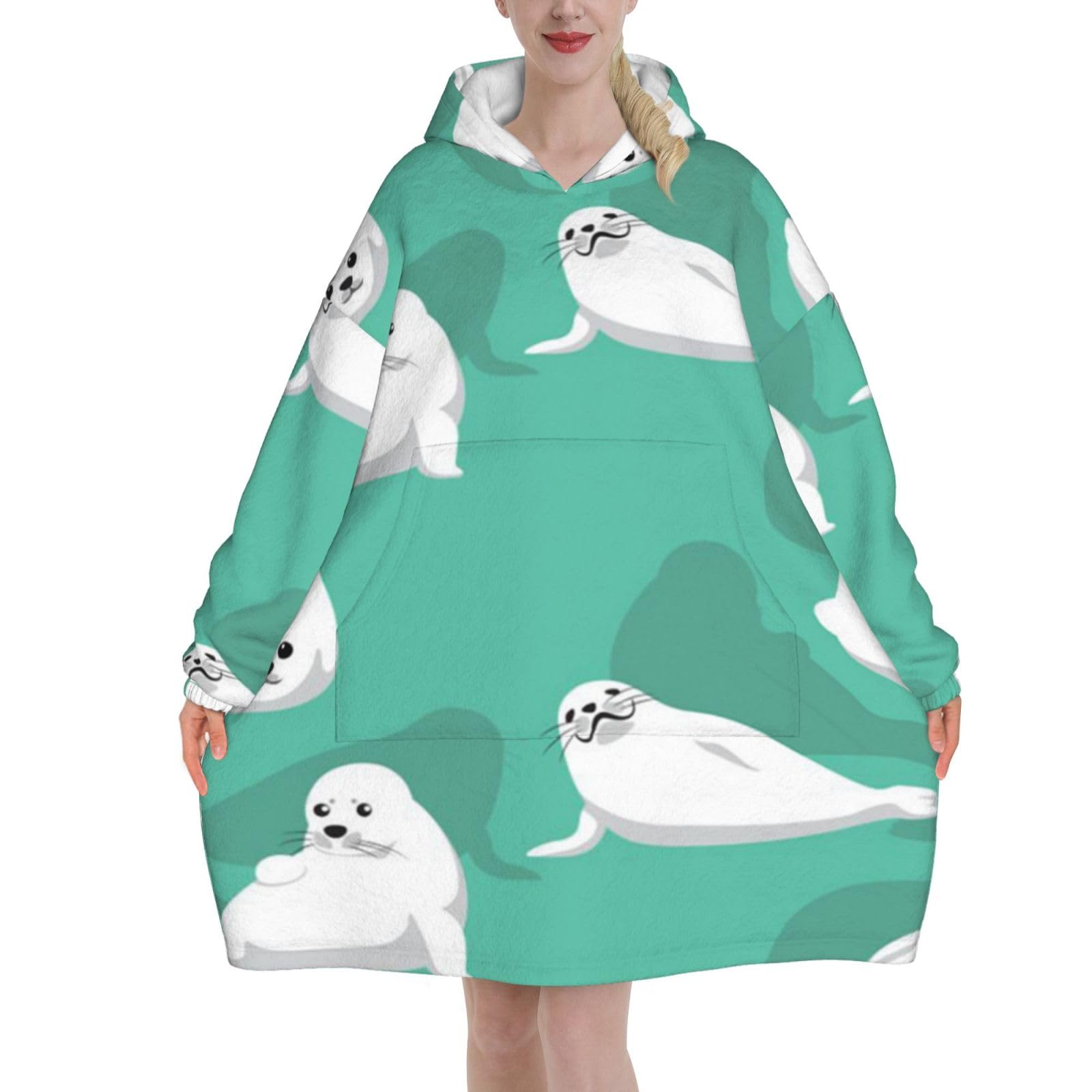 Cute Seal,Women's Oversized Wearable Blanket Hoodie, Blanket Sweatshirt,Flannel Pullover Blanket