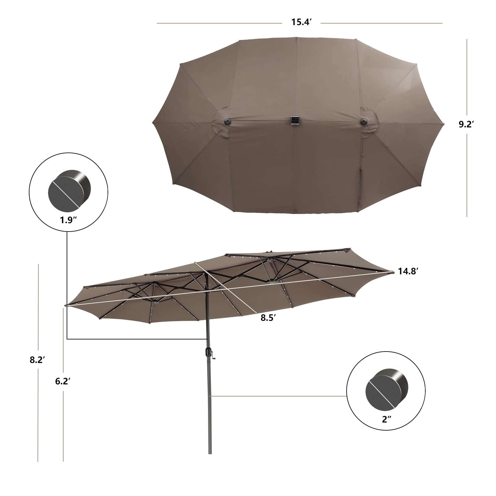 COSTWAY Podwójny parasol przeciwsłoneczny z oświetleniem solarnym LED, 450 x 260 cm, rozmiar XXL, UPF 50+, parasol ogrodowy z korbą, parasol tarasowy, Podstawa parasola nie jest dołączona, (brązowy)