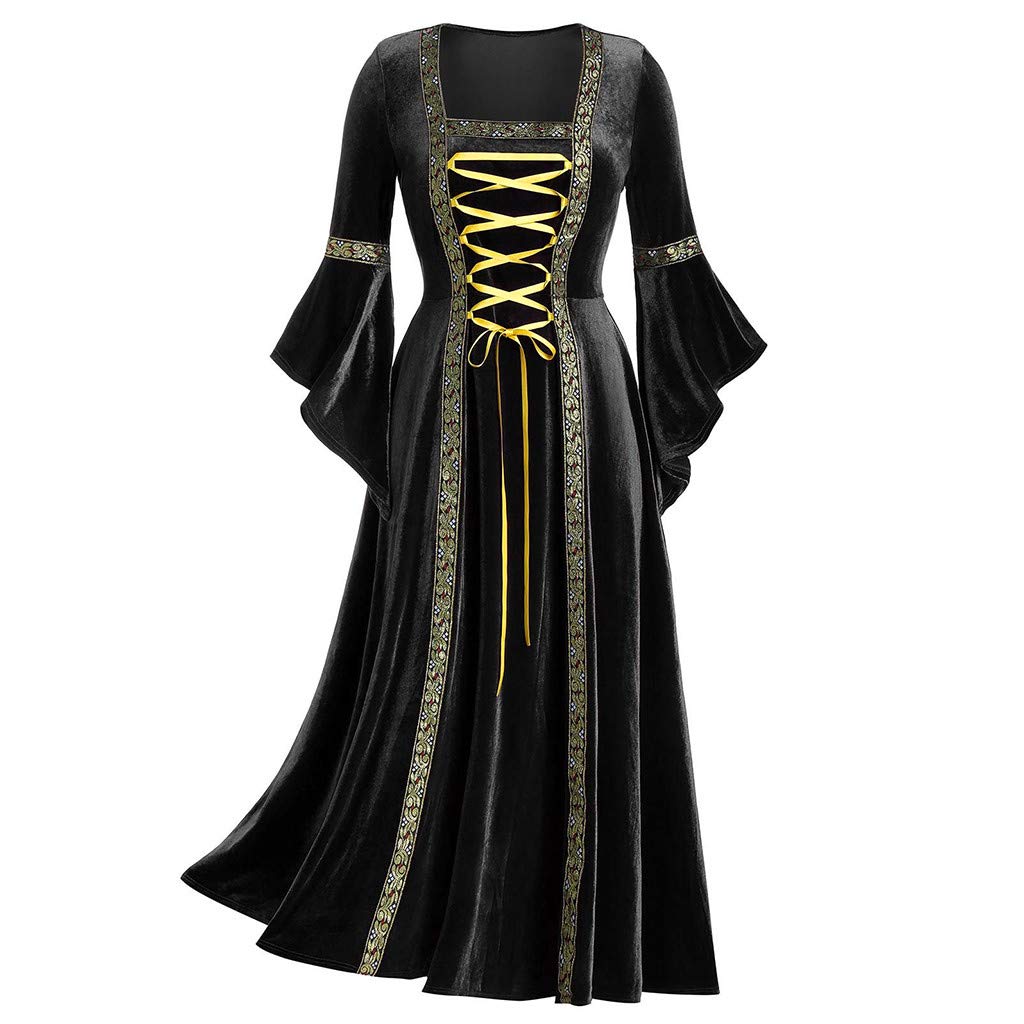 Womens Gothic Punk Clothes Medieval 2019 Fashion Plus Size Patchwork  Bandage Long Sleeve Dress