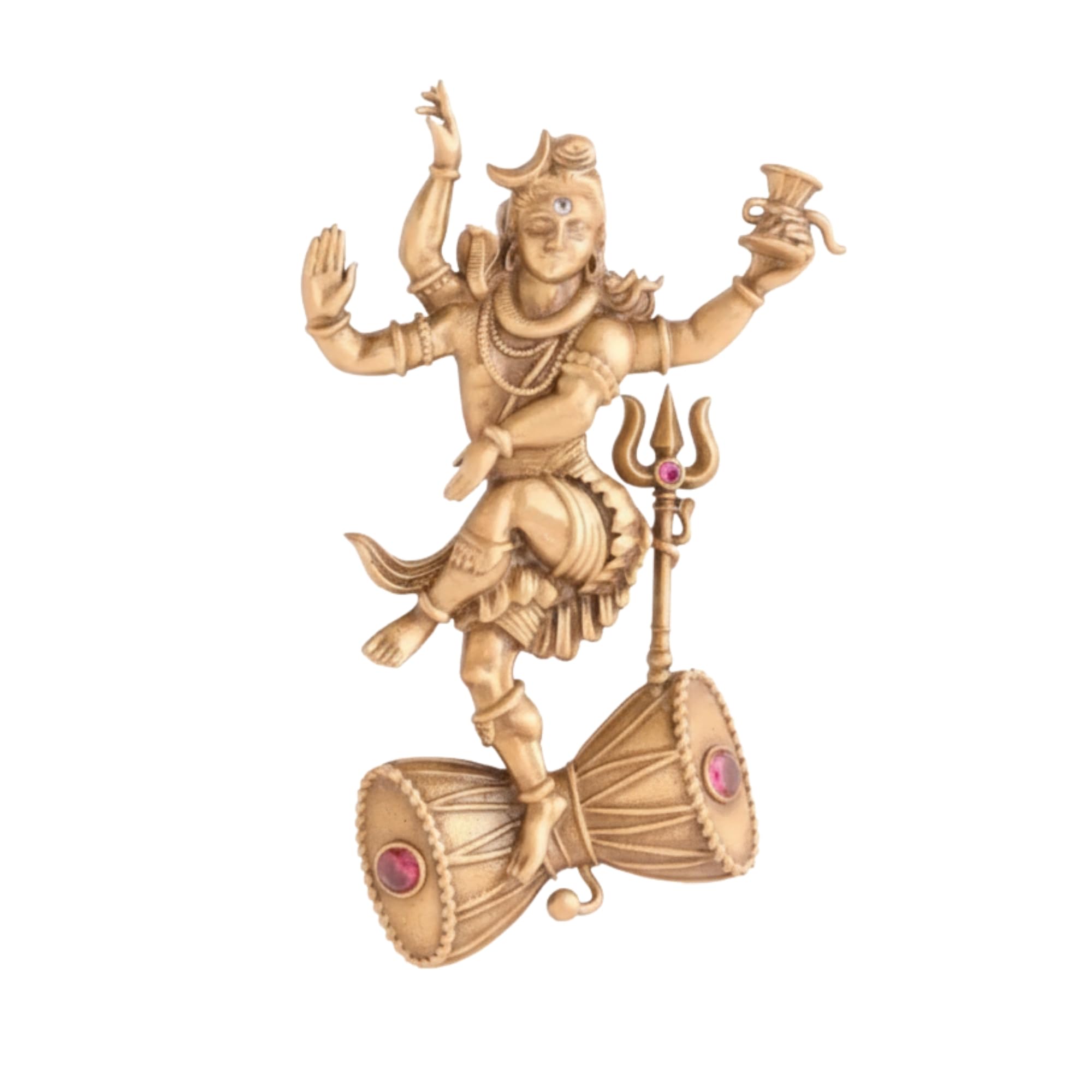 Nataraja Cosmic Dance Brooch - Antique Gold Dancing Shiva on Damru with Ruby Accents-picture-35