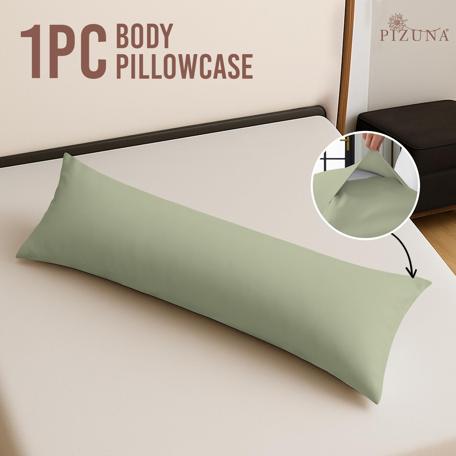 Pizuna Cotton Light Sage Body Pillow Cover 1 Piece Only, 400 Thread Count 100% Long Staple Cotton Body Pillow Case 52x140 cm - Image 3