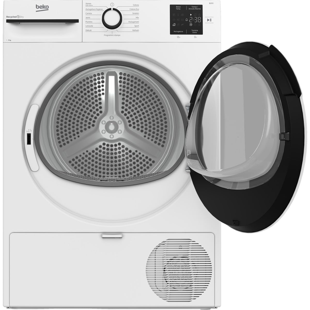 Beko Asciugatrice BMT93EW 9kg, Classe D, Linea Estetica NX, motore asincrono, Display digitale, colore Bianco, oblò Bianco