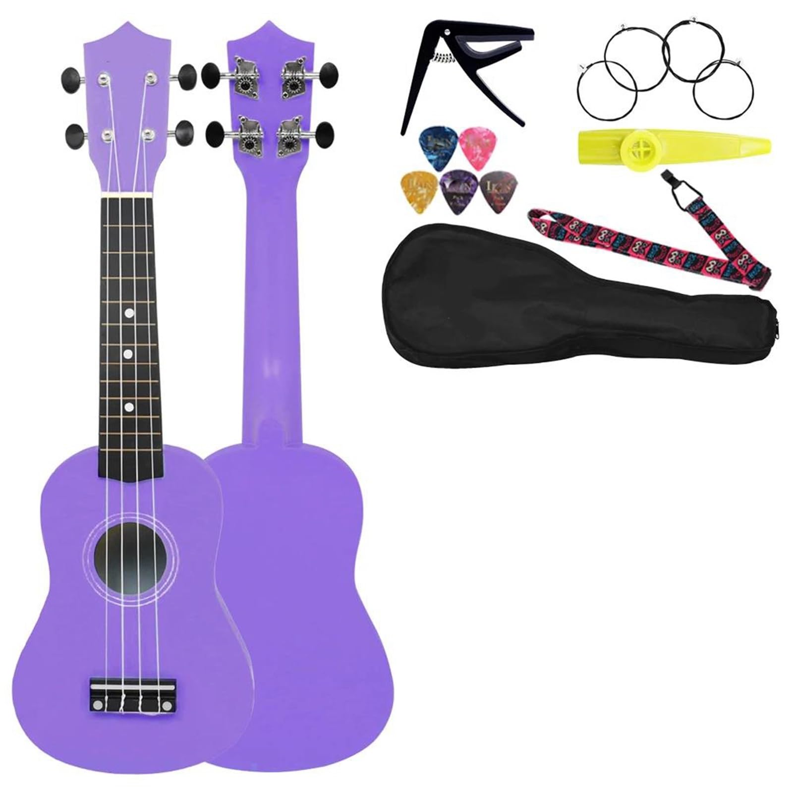 Profesjonalne Ukulele 21 Calowy Zestaw Gitarowy Ukulele Sopran Dla Początkujących Z Czterema Strunami(Purple Set)