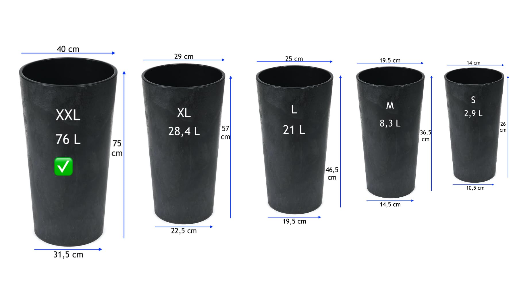MELTOM Blumenkübel Rund Betoneffekt mit Herausnehmbaren Einsatz Blumentopf Pflanzenkübel Indoor & Outdoor Schwarz XXL 75 cm