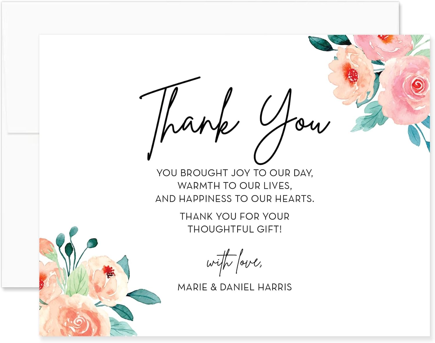 Personalized Wedding Thank You Cards with Message, 5.5x4.25 Modern Flat Thank You Note Cards with Peach and Pink Floral