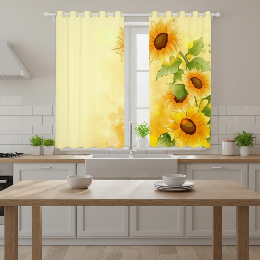 Sunflower Blackout Curtains Yellow Sunflowers Painting Kids Girls Window Curtains Plant Floral Living Room Bedroom Kitchen Blackout Curtains Natural Garden Bloom Theme Window Drapes, 76"X54"