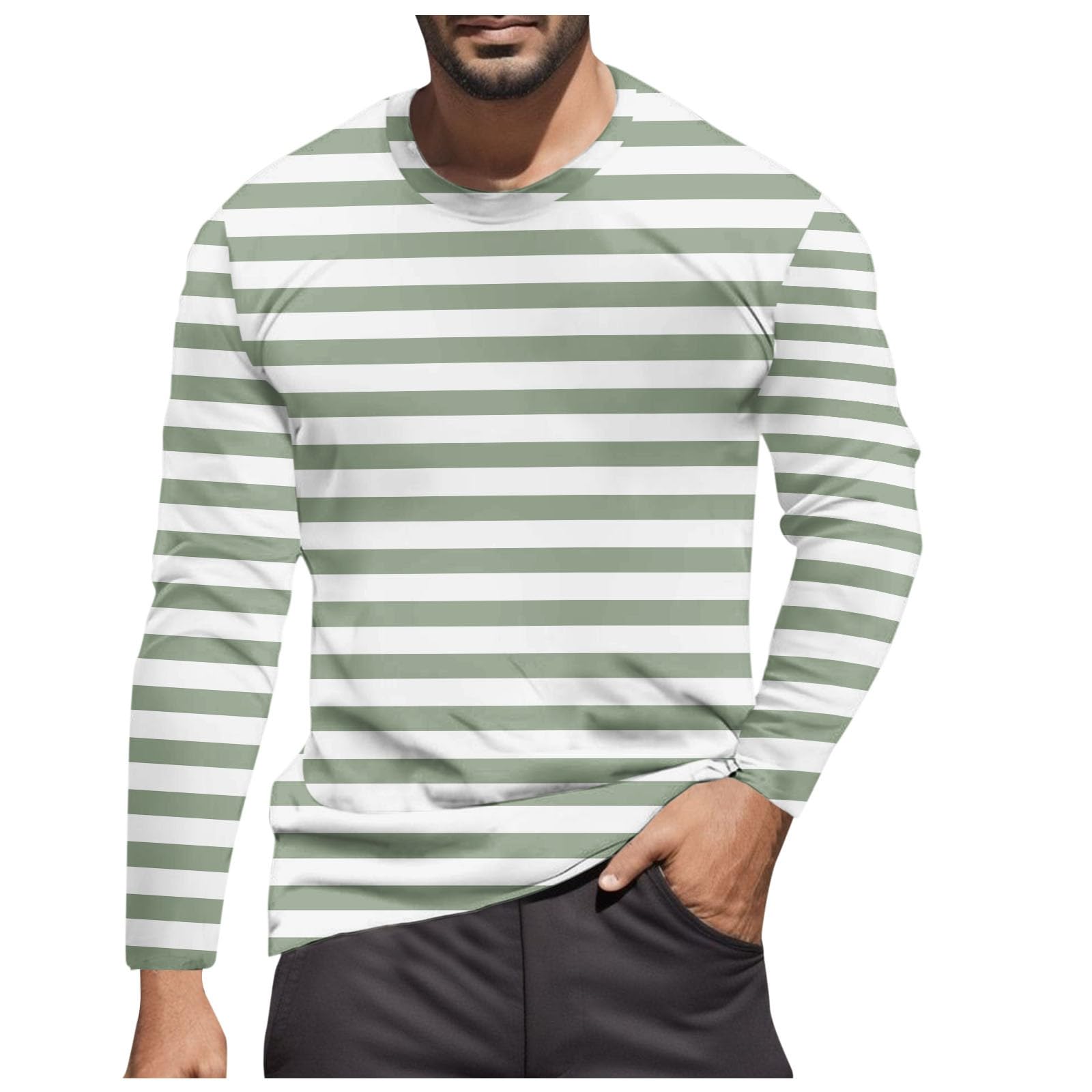 Striped Shirt Men Women Red White Long Sleeve T-Shirt Carnival Long Sleeve T-Shirt Horizontal Stripes Wide Stripes Fine Stripes Crew Neck Leisure Top Striped Shirt Fancy Dress Costumes, Light Green-10