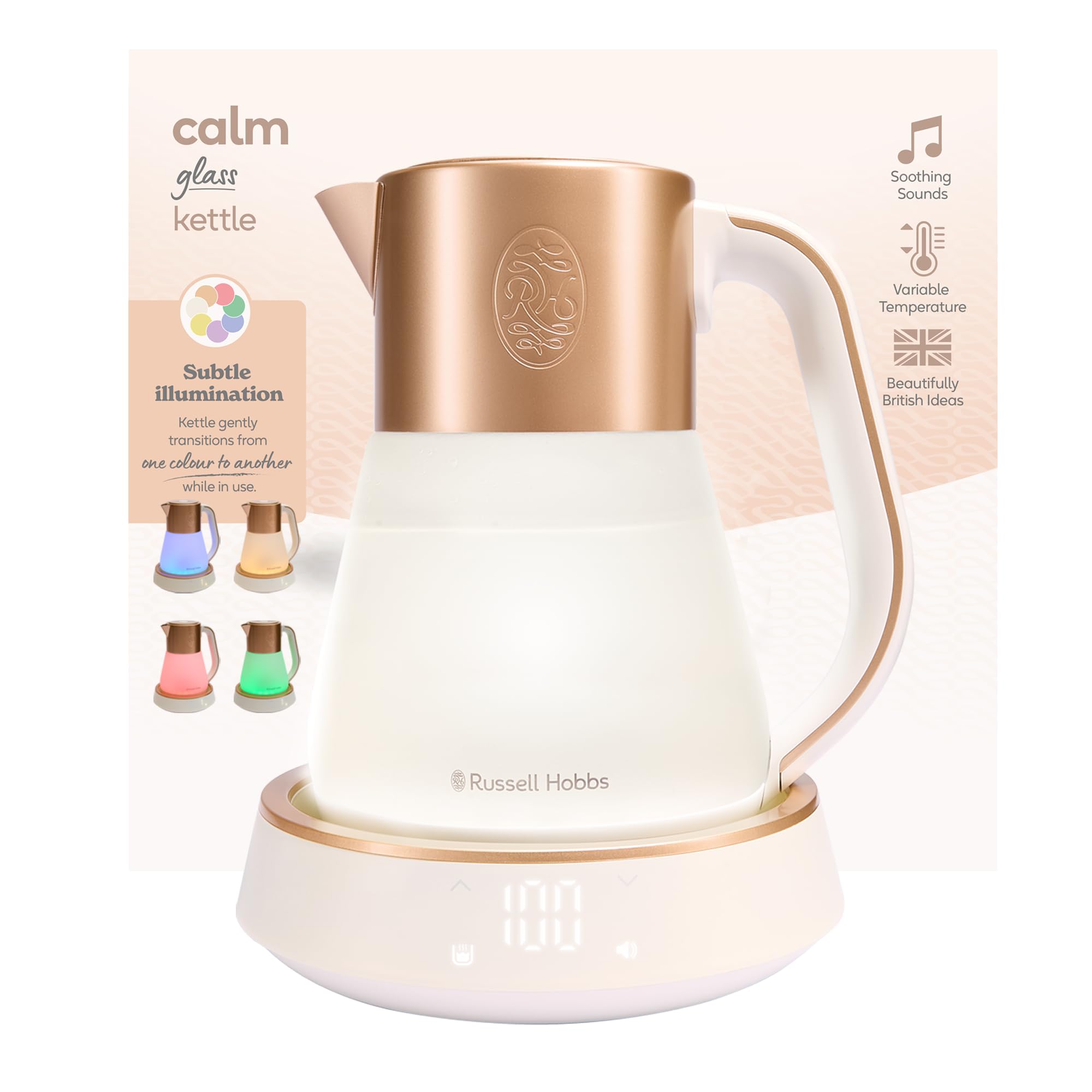 Russell Hobbs Wasserkocher Glas [1,7L, Temperatureinstellung 40-100°] Calm (LED-Beleuchtung, beruhigende Klänge, Leise-Koch-Technologie,Warmhaltefunktion,Digitaldisplay,Touch-Bedienung,2400W) 27450-70