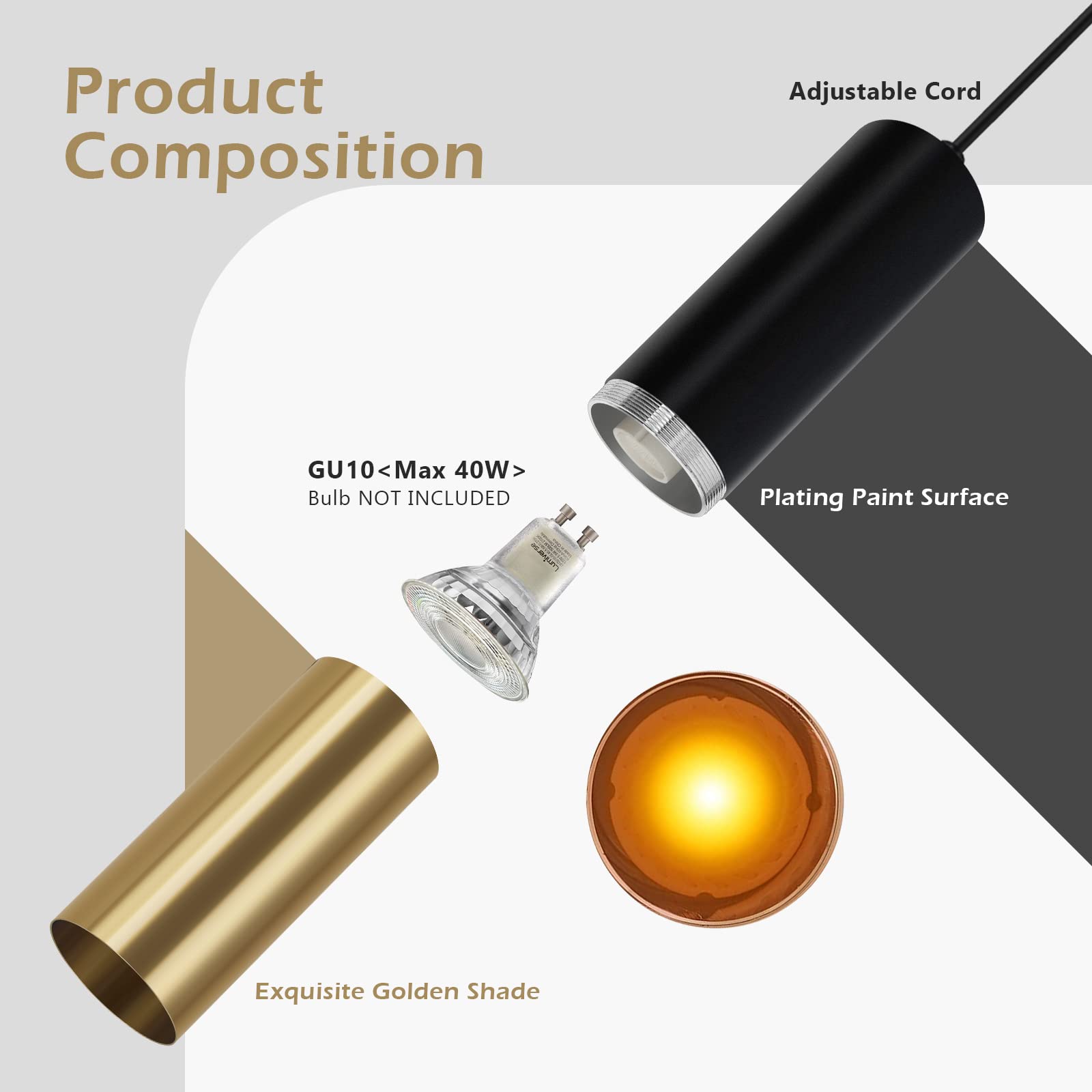 VONCI Modern Black and Brass Gold Pendant Light for Kitchen Island, Industrial Cylinder Hanging Lamp Spotlight for Dining Room Living Room Restaurant Bar (3 Pack)