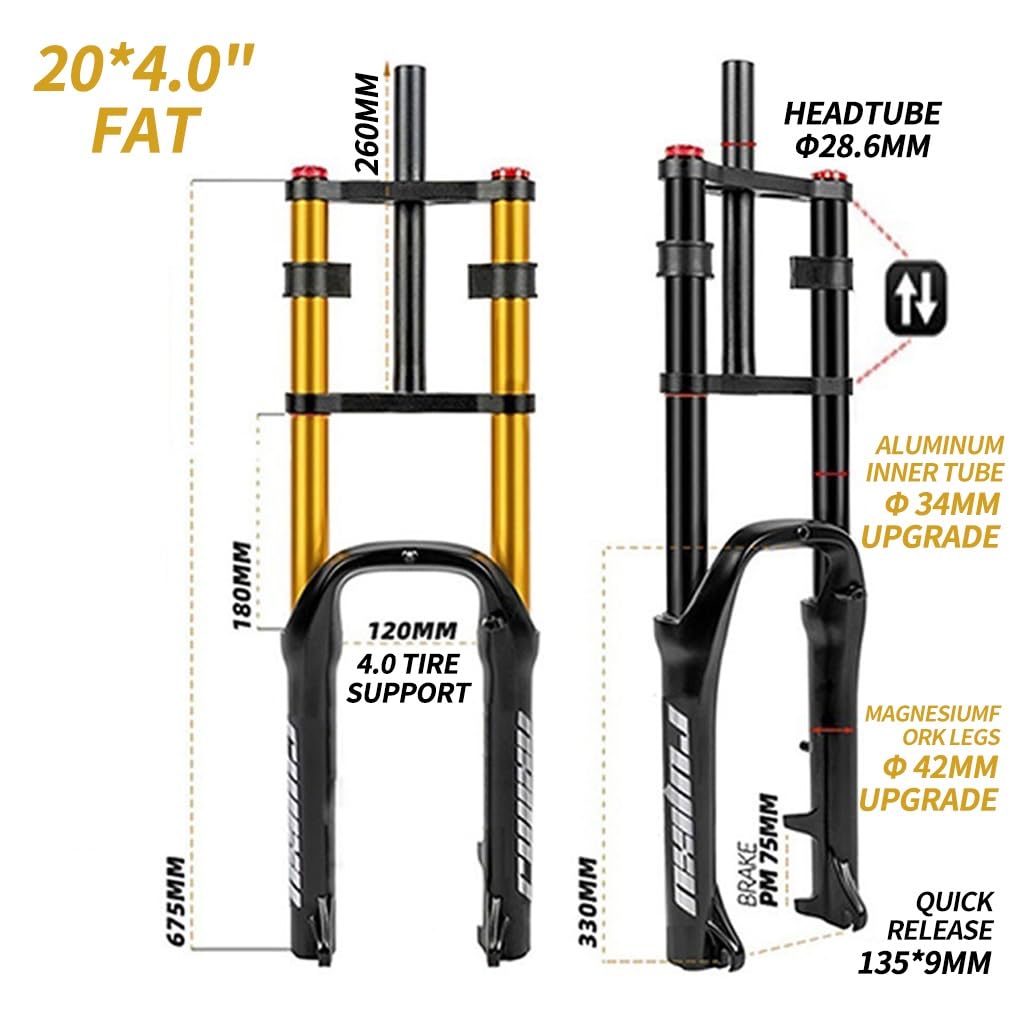 Horquilla de suspensión neumática para Bicicleta de montaña de 20 * 4.0 con neumáticos Anchos, Horquilla Delantera de 120 mm de Recorrido, 9" de Recorrido, 135 mm de Cierre rápido