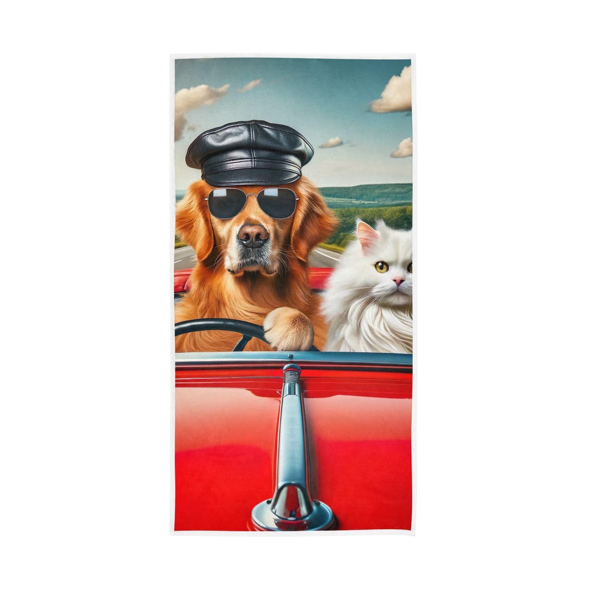LSRCPD Dog and Cat Driving Car Hand Towel, Hand Towels Cotton for Hand, Face, Hair, Yoga, Kitchen, Bath 15 x 30 Inches