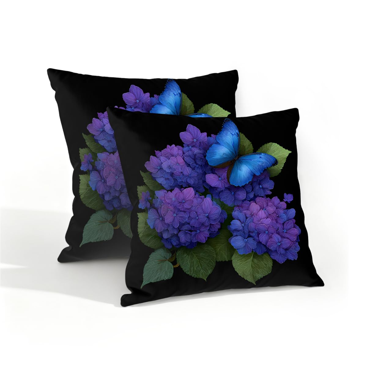 Outdoor Pillow Covers Waterproof Pillowcases 16x16in Set of 2 Blue Butterfly Purple Hydrangea Flower Decorative Throw Cushion Case for Couch Sofa Garden Patio Furniture