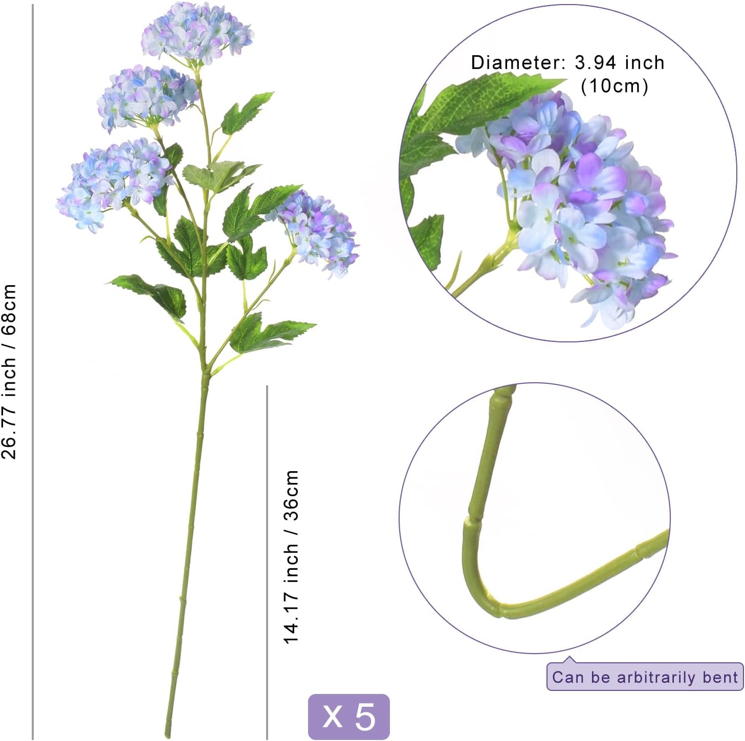 Blue Hydrangea Artificial Flowers, 5Pcs 26.8" Faux Hydrangea Bouquet with 4 Head, Silk Fake Flowers with Stems for Vase, Wedding Bouquet, Home Decor, DIY, Baby Shower, Centerpieces Tables Decoration - Image 2