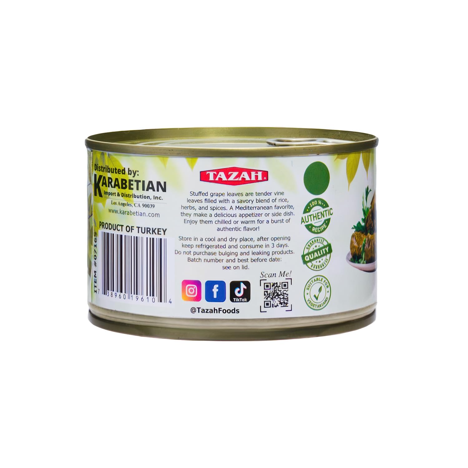 Tazah Dolmas Stuffed Grape Leaves 14.1oz Turkish Stuffed Leaves Vegetarian Ready to Eat Easy Open Can 400g