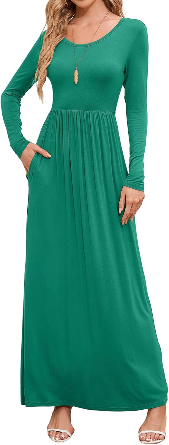 DEARCASE Women's Maxi Dress Long Sleeve Crewneck Loose Plain Casual Empire Waist Fall Party Long Dresses with Pockets