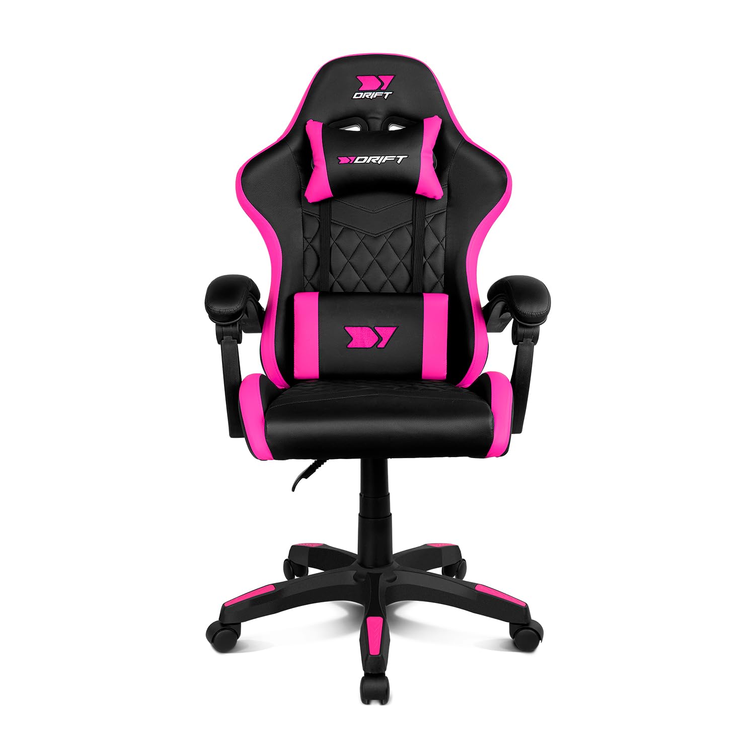 DRIFT GAMING DR35 – Profesjonalny ergonomiczny fotel gamingowy z podparciem lędźwiowym i regulowanymi podłokietnikami 2D, odchylany do 135°, ciche koła, tapicerka ze skóry syntetycznej, Czarny/Fuksja