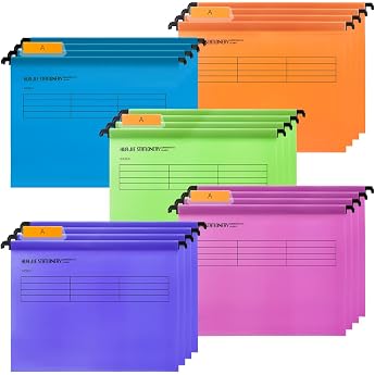 Suspension Files A4 Pack of 20 Polypropylene Filing Cabinet Hanging Files with Tabs and Card Inserts for School Home Work Office 5 Colours