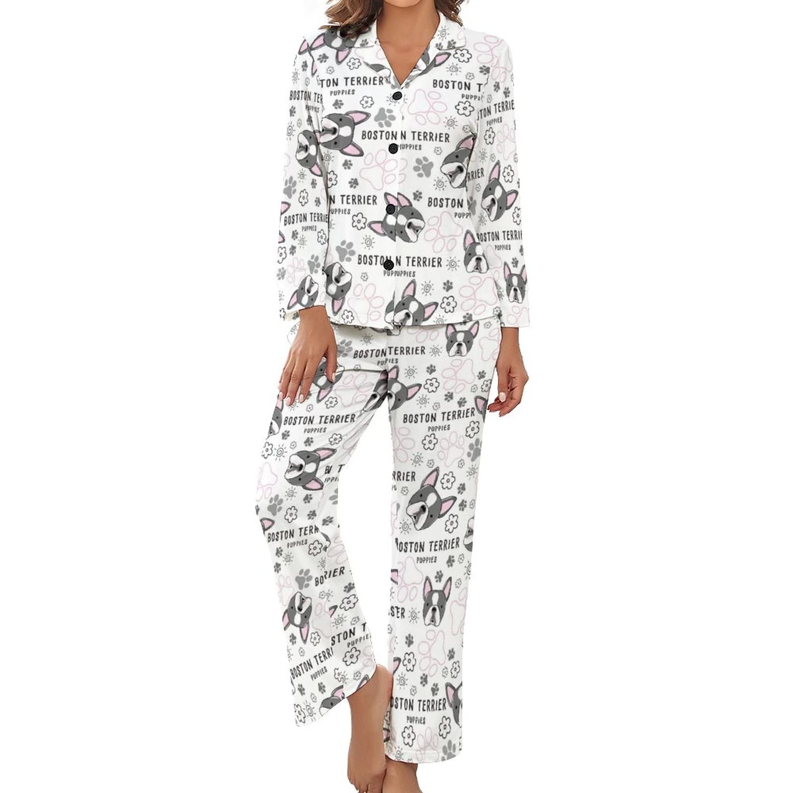 Women's Black Boston Terrier Pajamas Set Long Sleeve Pj Set Button Down Sleepwear Pajamas Loungewear M