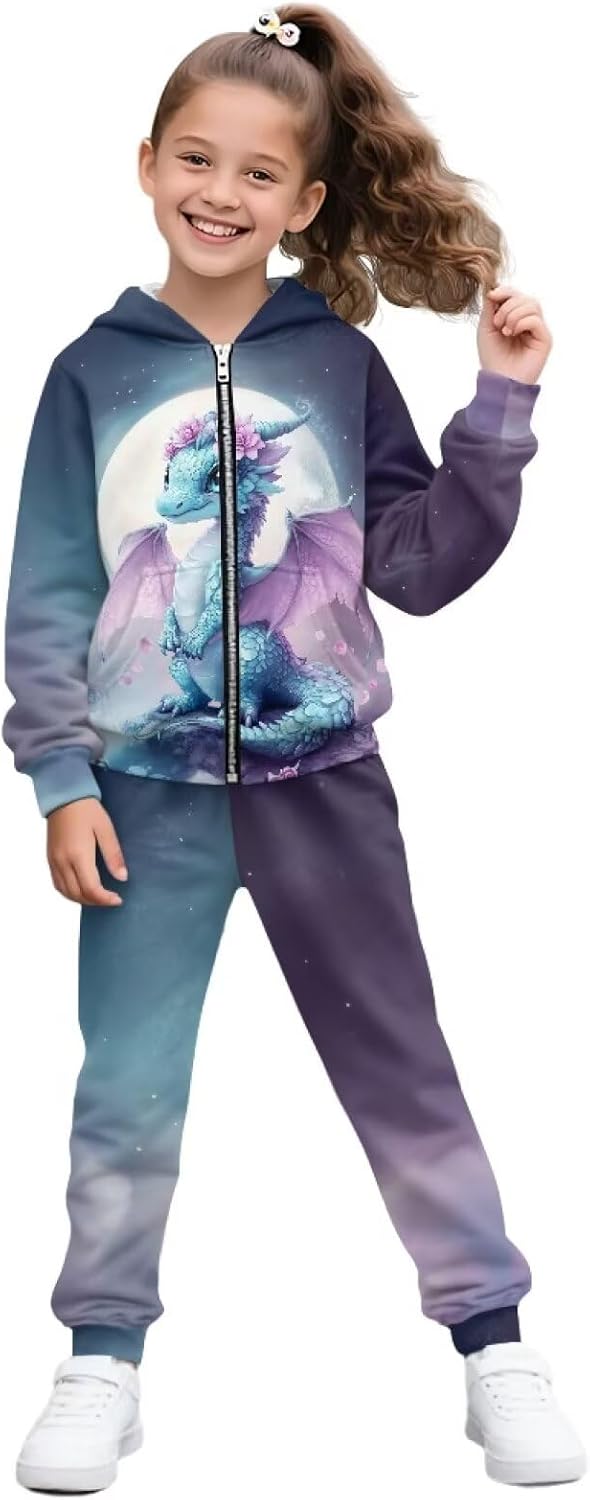 Zip Up Sweatshirts and Sweatpants for Girls 6-15Y Kids Sportswear Long Sleeve Hoodies and Pants Set