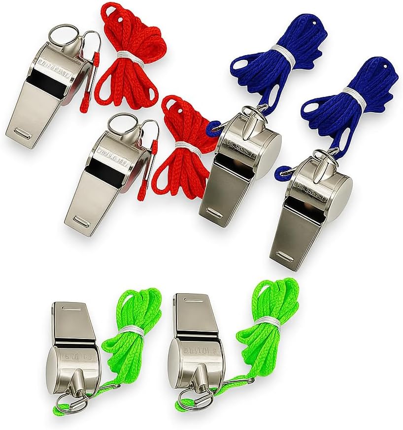 Silver Whistles Lanyard Nylon Cords Whistles Stainless Steel Metal Whistle Ideal For Football Coaches Referees Sports Training Captain Loud Crisp Sound Whistle Features Randomly Assorted Colors (2PC)