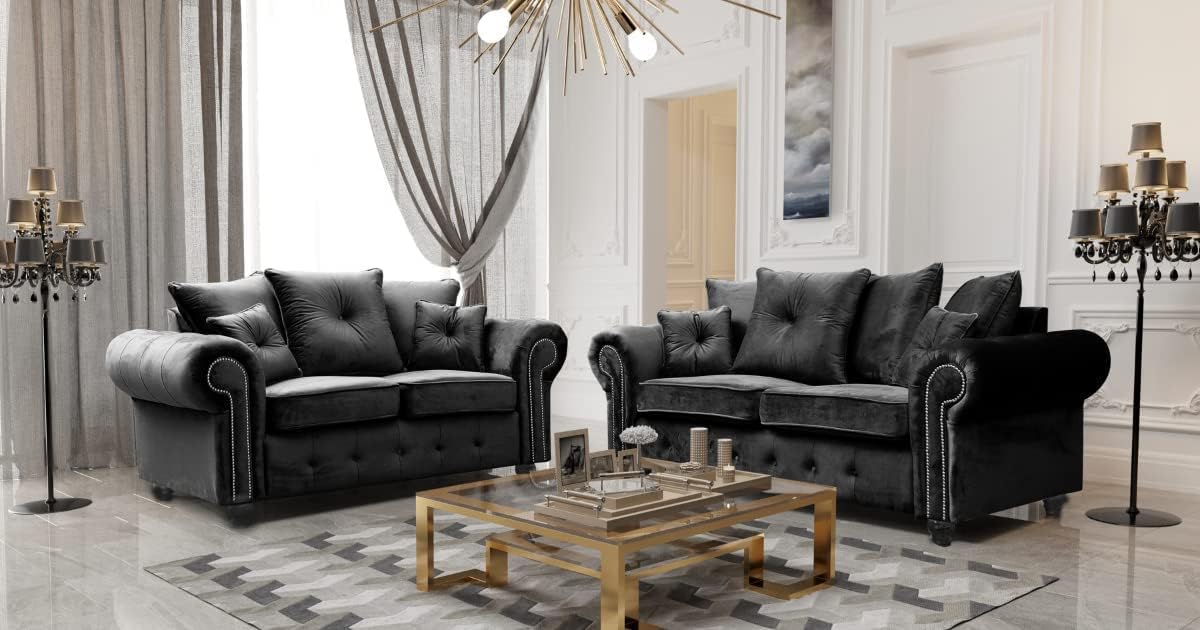 Black Plush Fabric Sofa Set 3+2 Seater Sofa With Scatter Back Cushions 2 Seater Suite 3