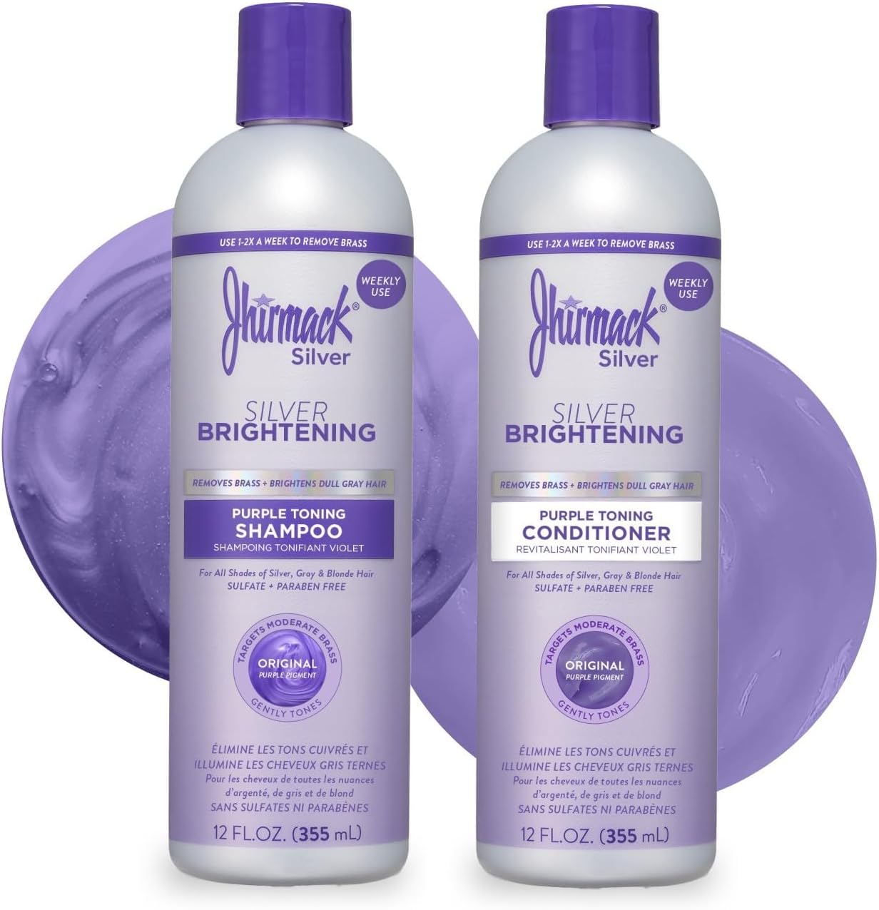 Jhirmack Silver Brightening Purple Shampoo and Conditioner Set for all types of silver, grey, and blonde hair