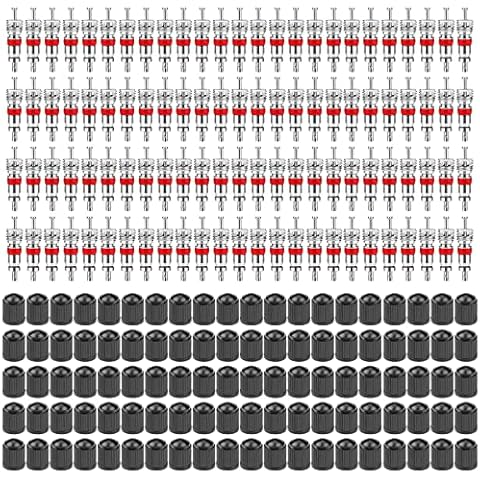 100Pcs Valve Cores with 100Pcs Valve Stem Caps Nickel Plated Red Valve Cores, Schrader Tire Valve Core for Most Automotive, RV, ATV & Air Conditioning, Tire Remover Replacement Cover