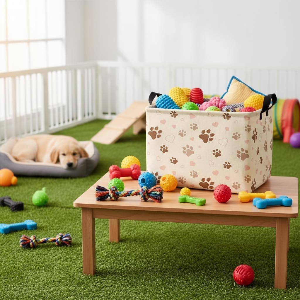Dog Toy Basket for Pet item storage, Boys & Kids Rectangular Toy Basket Canvas Cute Basket for Toys, Books, Blankets & More (Brown Paw Print) image 3