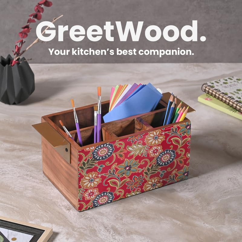 Image of Wooden Cutlery Holder for Kitchen - Handcrafted Floral Design with Sturdy Handles | Utensil & Tissue Organizer for Dining Table & Office - Red (Printed)