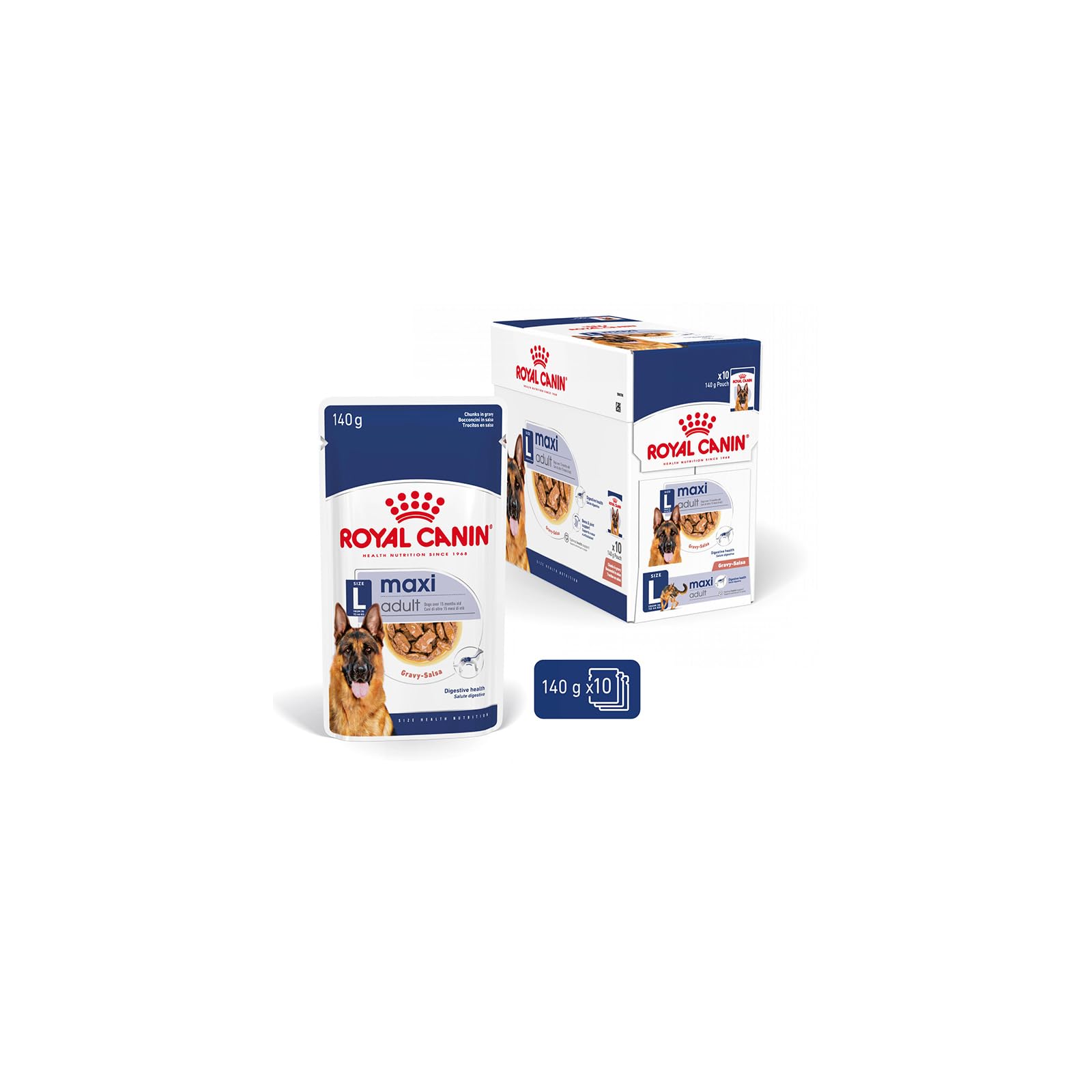 ROYAL CANIN Maxi Adult | Pack de 4 | 4 x 10 x 140 g | Aliment Complet pour Chiens | pour Grands Chiens Adultes (26 à 44 kg) | De 15 Mois à 5 Ans