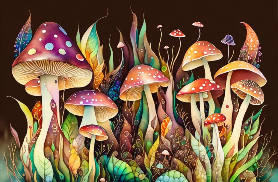 Peinture champignon aquarelle GerRit pour relooker grand mur sans cadre 58x90